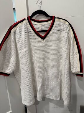 Free People-White Mesh V-Neck Sporty Short Sleeve Top with Red & Black Trim